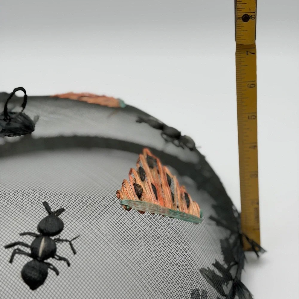 Vintage Style Mesh Food Cover Watermelon Ants Raffia Detail Black 14 Inch Dome